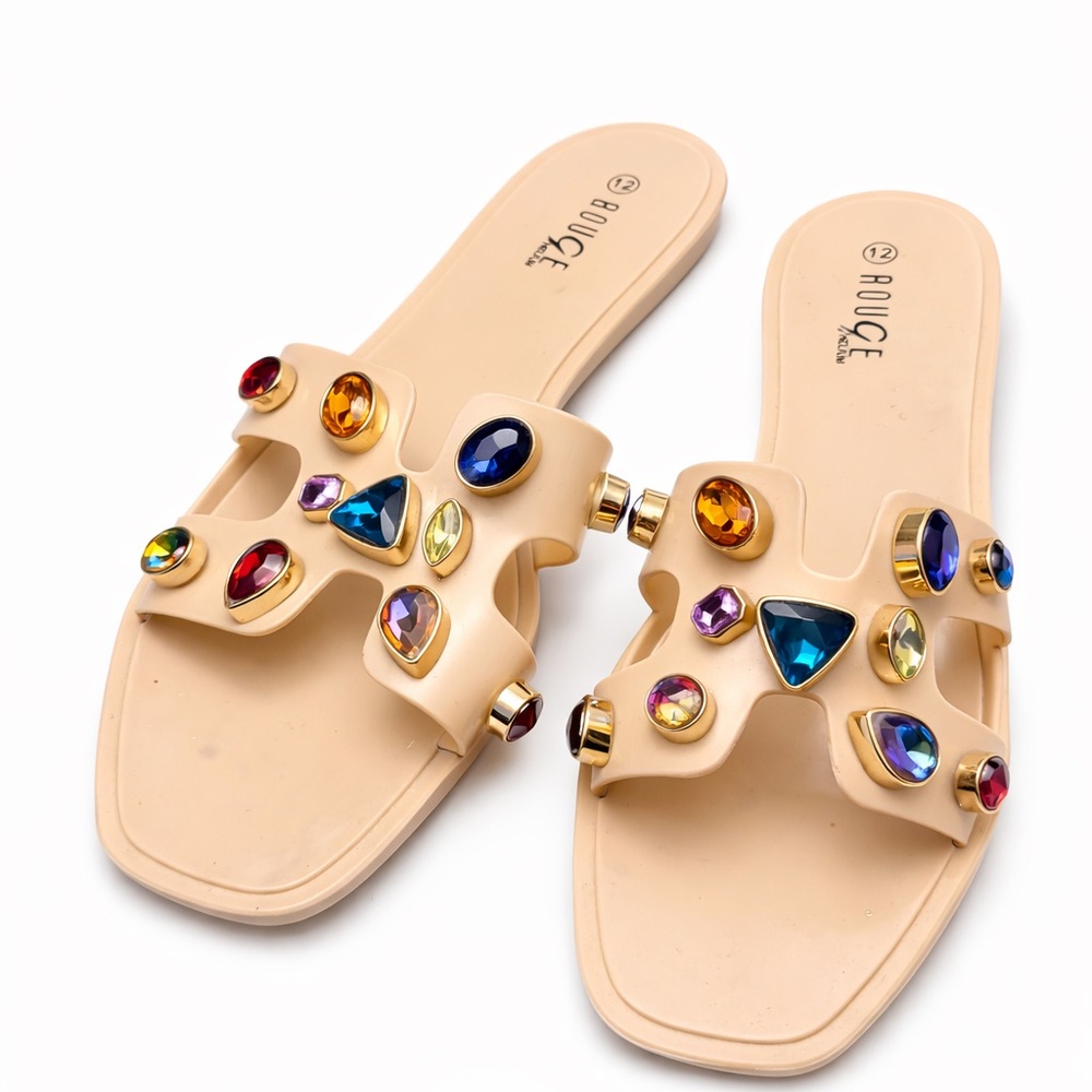 Rouge Helium Beige Sandals with Colorful Gemstones